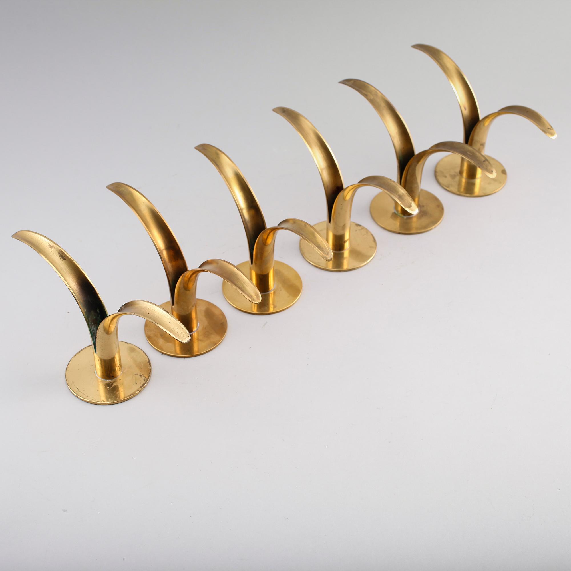 LJUSSTAKAR, 6 st, mässing, "Liljan", Ivar Ålenius Björk,  Ystad-Metall, 1900-tal.