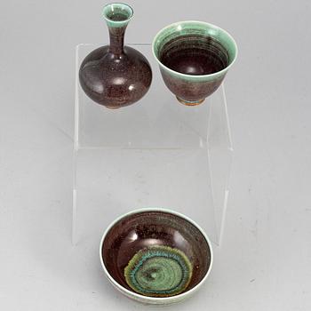BERNDT FRIBERG, two stoneware bowls and a vase from Gustavsberg Studio, signed.