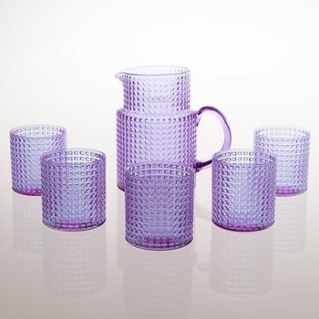 KAJ FRANCK, A 'Ruuturitari' glass pitcher and a set of five drinking glasses, Nuutajärvi 1960s-1970s.