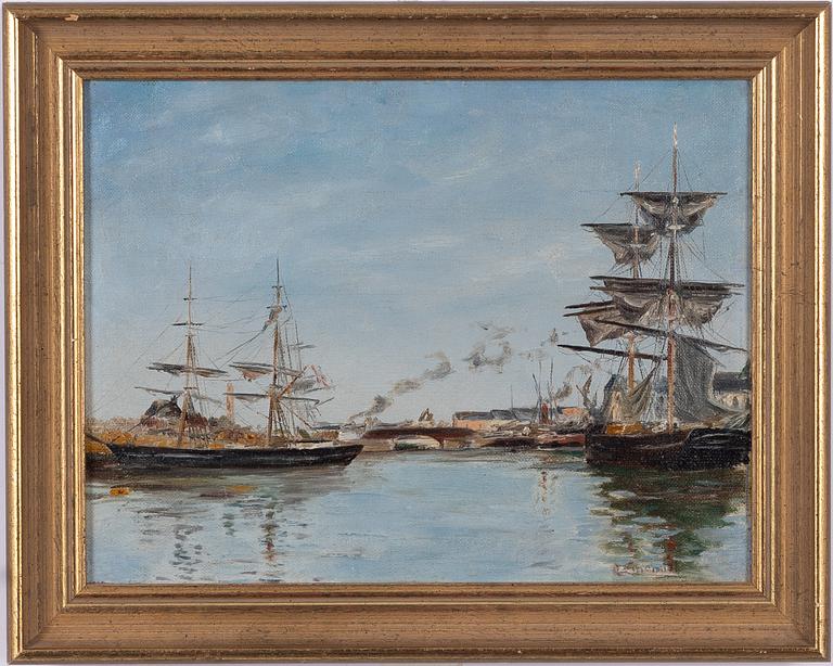 Anund Emanuel (Svensson), Anund Emanuel, Segelfartyg i hamn vid flodmynningen.