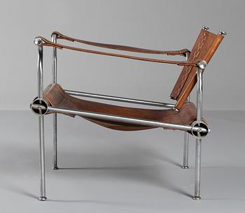 A unique Hans Asplund steel and brown leather armchair, for KF, Sweden 1949.