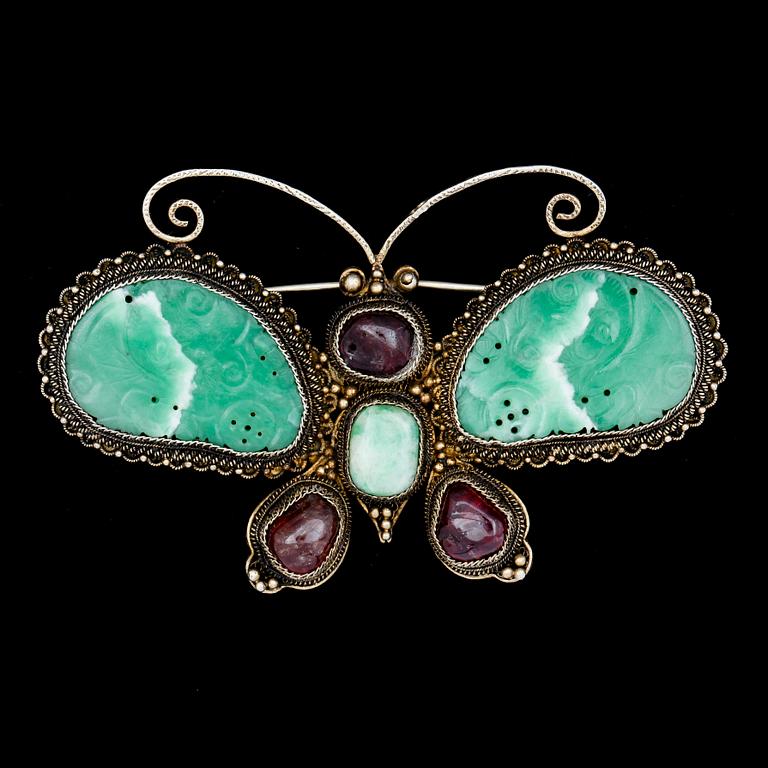 BROSCH, silver och bla jade, Asien, 1900-tal. Tot vikt 23,6g.