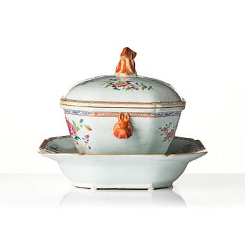 A famille rose 'double peacock' tureen with cover and stand, Qing dynasty, Qianlong (1736-95).