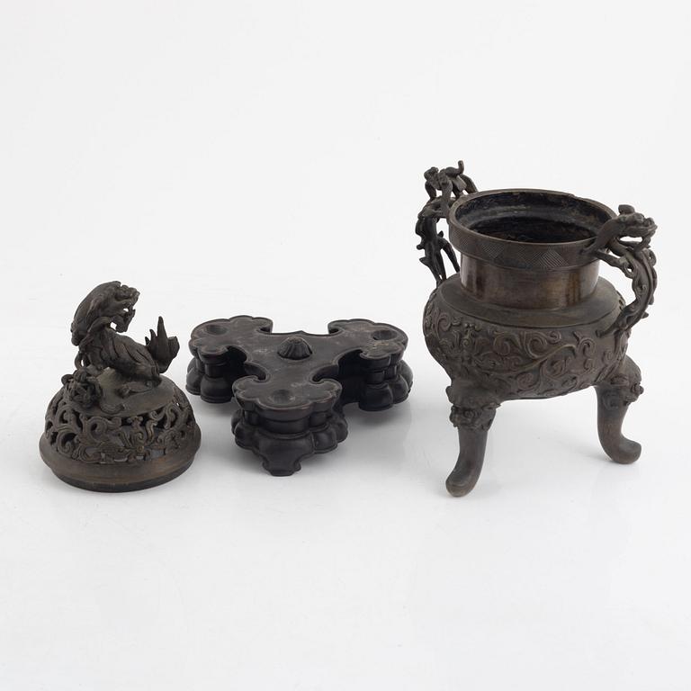 A tripod bronze censer with cover, Qing dynasty, 19th century.