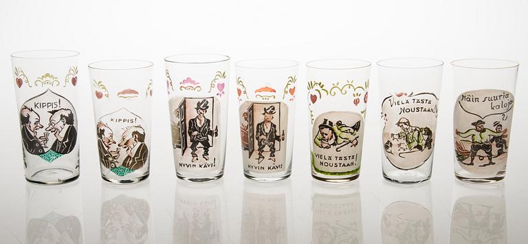 Seven 1930s drinking glasses.