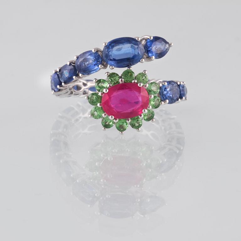 RING, 18K vitguld med fasettslipad rubin ca 1.55 ct, kyaniter  5.26 ct samt demantoider ca 0.70 ct. Vikt ca 4,7 gram.