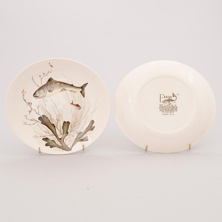 A set of 12 'Fish' dinner plates and two serving dishes, 'Fish' and 'Bird Game', Johnson Brothers, England.