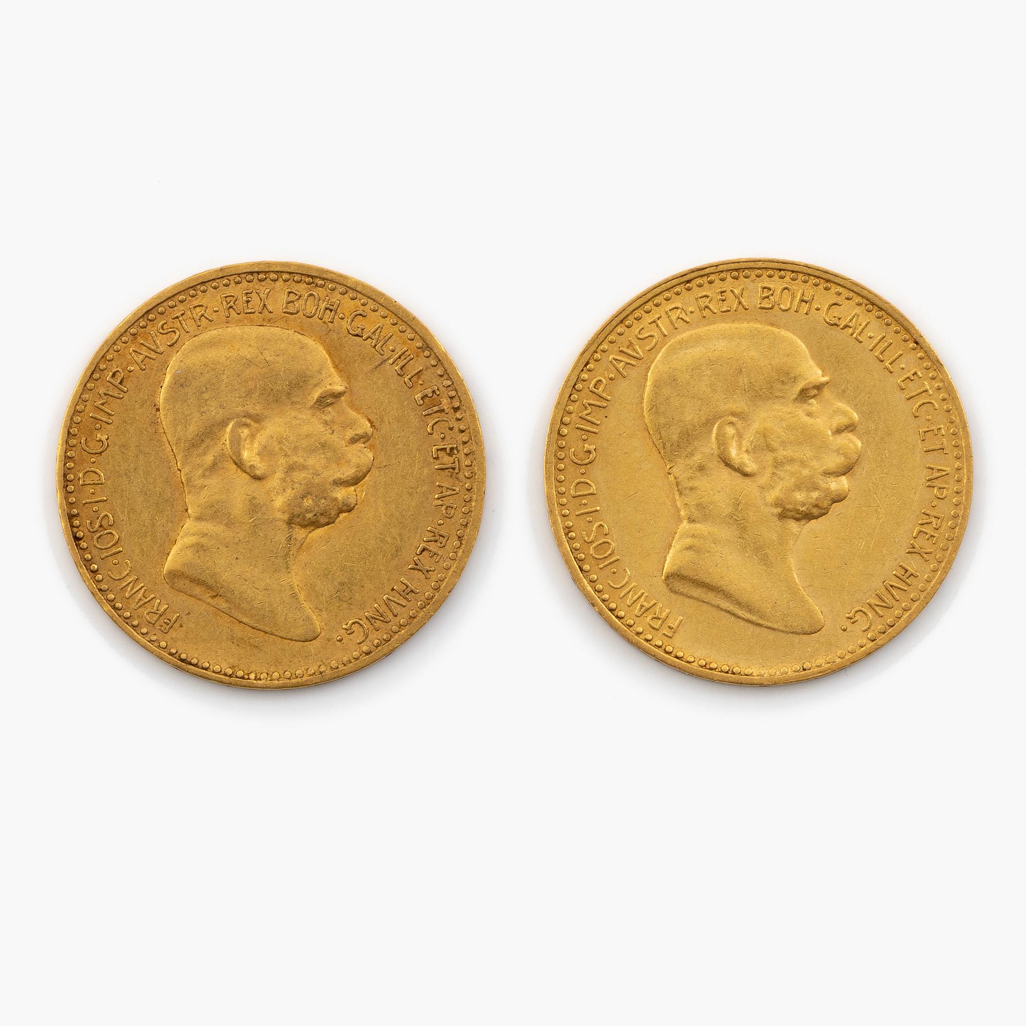 Gold coins 2 pcs, Austria, 10 Corona 1846-1908.