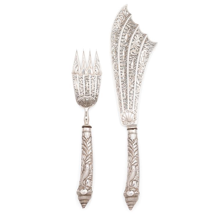 Fiskserveringsbestick, sterlingsilver, John Aldwinckle & Thomas Slater, London, 1889. I originaletui.