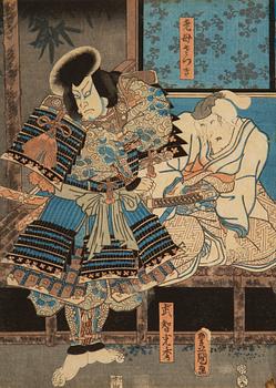 Utagawa Kunisada, triptyk, färgträsnitt. Japan, 1800-tal.