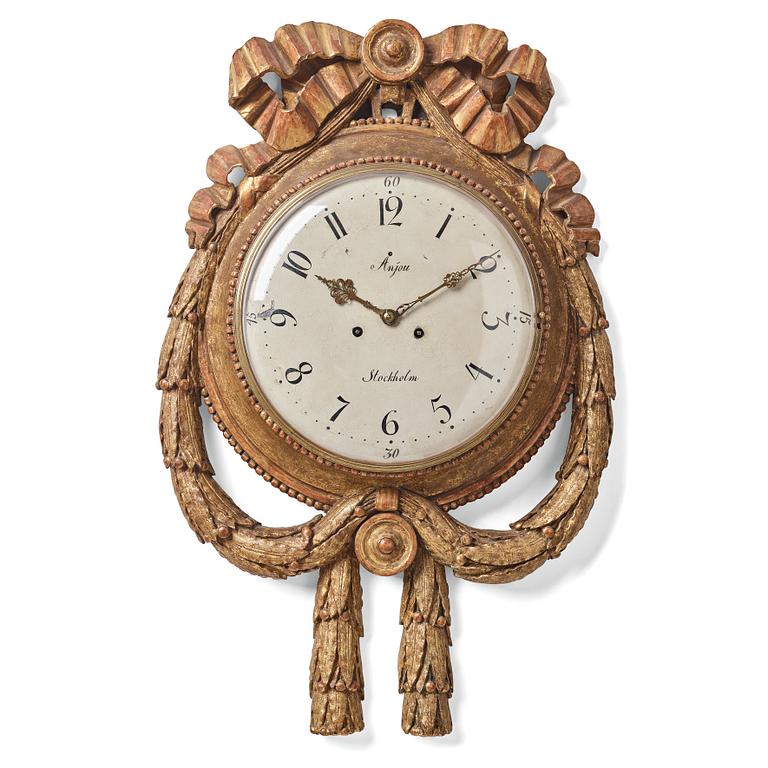 A Gustavian late 18th century wall clock by Johan Gustaf Anjou.