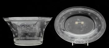 EDWARD HALD, skål med fat, glas, Orrefors, signerad, daterad 1931.