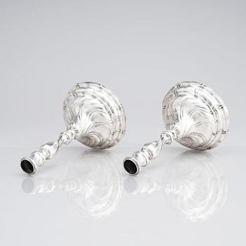A pair of Swedish 18th century silver candelabra, marks of Lars Holmström, Lund 1772.