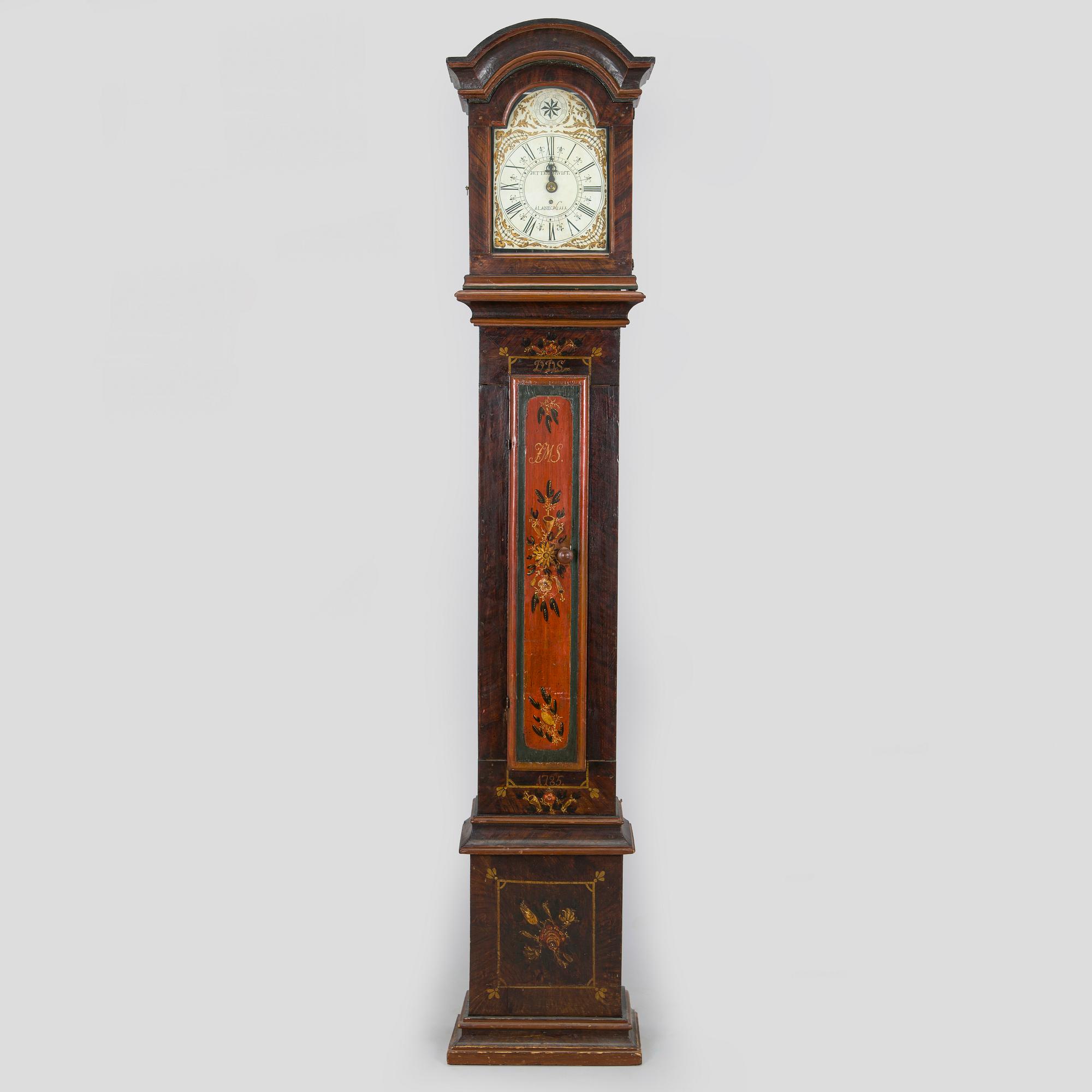 A longcase clock from Åland, Petter Linqvist, dated 1785.