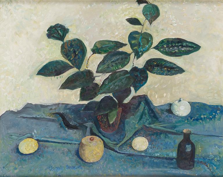 Gunnar Svenson, Stilleben med blomma och frukter.