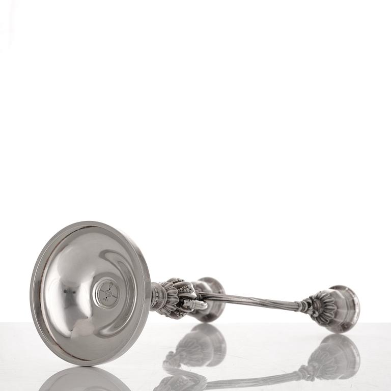 Johan Rohde, a sterling silver two branched candelabrum, Georg Jensen, Copenhagen 1945-77, design nr 343.