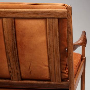 Ib Kofod-Larsen, a pair of "Samsö" palisander and brown leather easy chairs, Olof Persons Fåtöljindustri (OPE) Sweden 1960's.