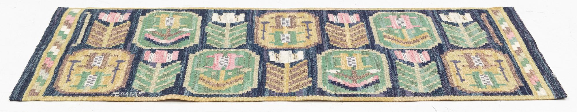Märta Måås-Fjetterström, a flat weave textile, 'Medaljongerna',c. 41 x 87 cm, signed AB MMF.