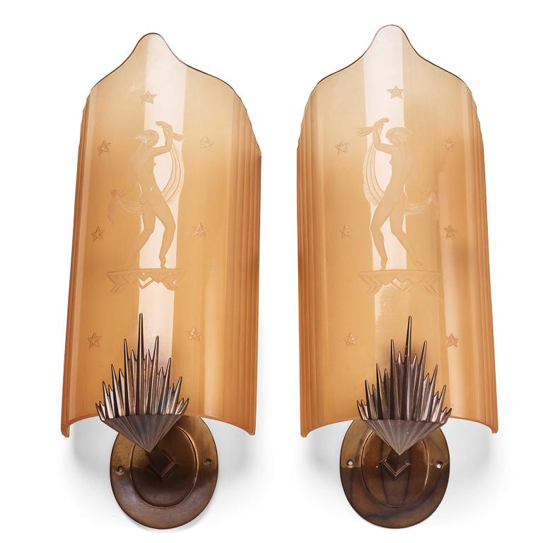 Orrefors, Orrefors, a pair of Swedish Grace wall lights, 1920-30s.