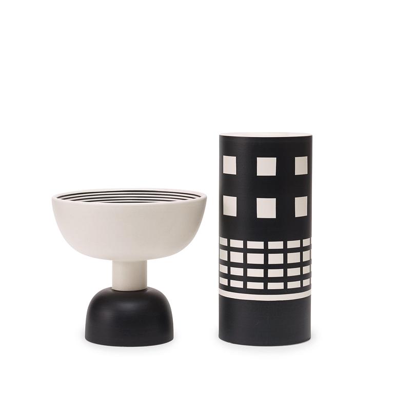 An Ettore Sottsass ceramic vase and a footed bowl by Bitossi, Italy.