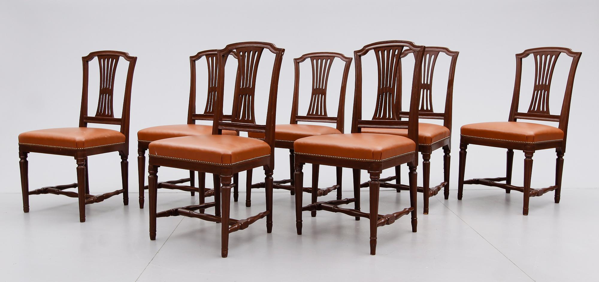 STOLAR, 7 st, gustavianska stockholmsarbeten, Melchior Lundberg, Stockholm, omkring år 1800.