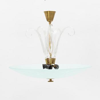 Nordiska Kompaniet, a Swedish Modern glass and brass ceiling light, 1940's.