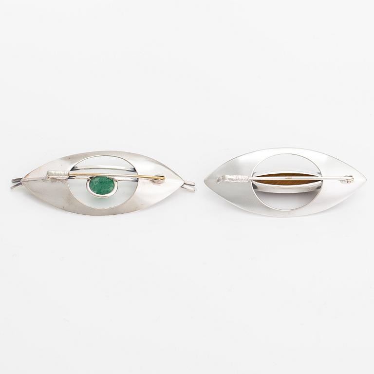 Elis Kauppi, Two silver broocher, with an aventurine quartz and tiger's eye. Kupittaan kulta, Turku 1959 and 1961.