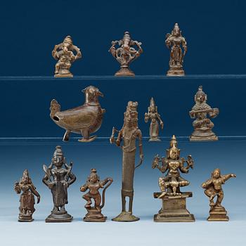 A collection of 12 bronze figurines of different Hindu deities, India, 18th/19th Century.