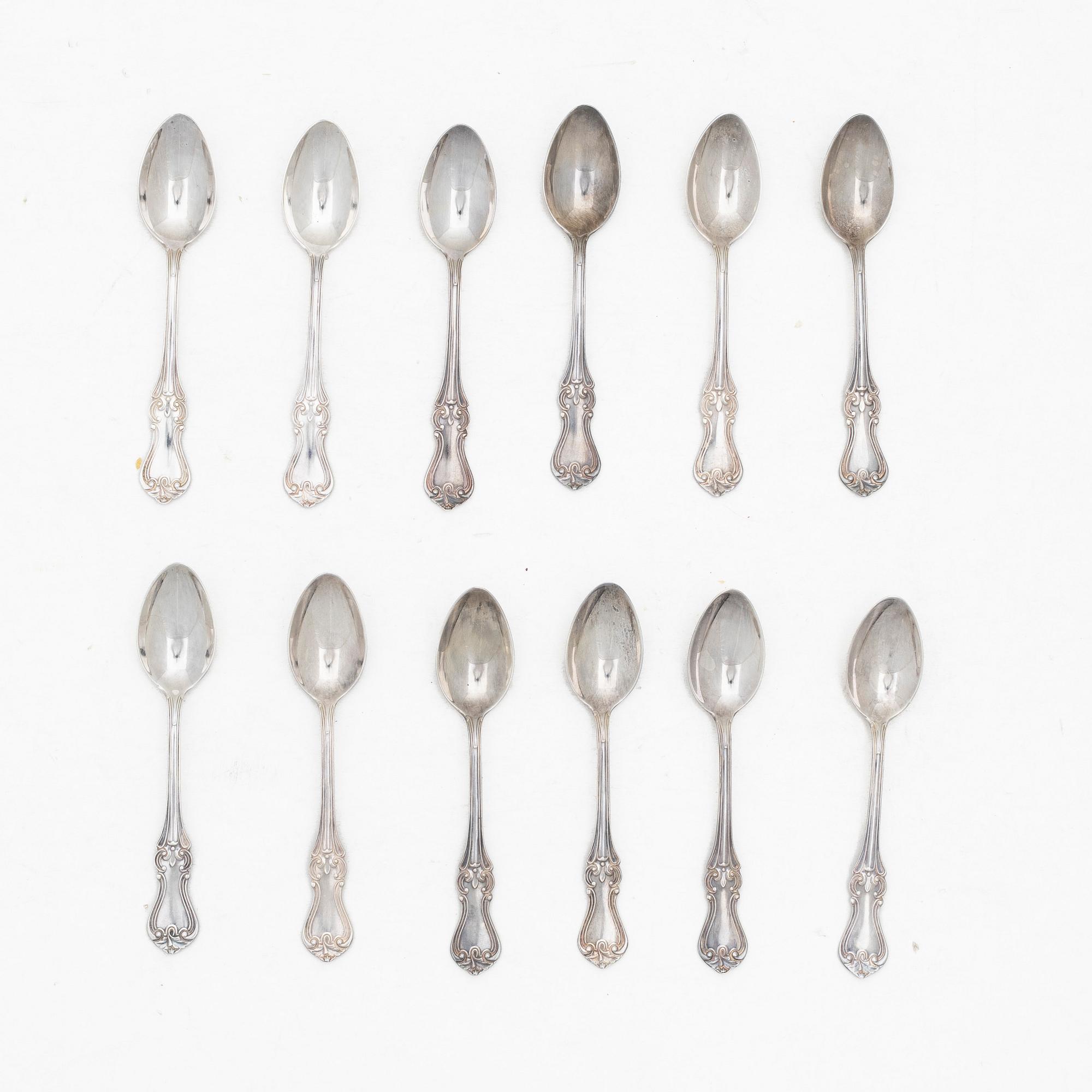 Mocking spoons, 12+5 pcs, silver, including model "Olga", including GAB, Stockholm 1964.