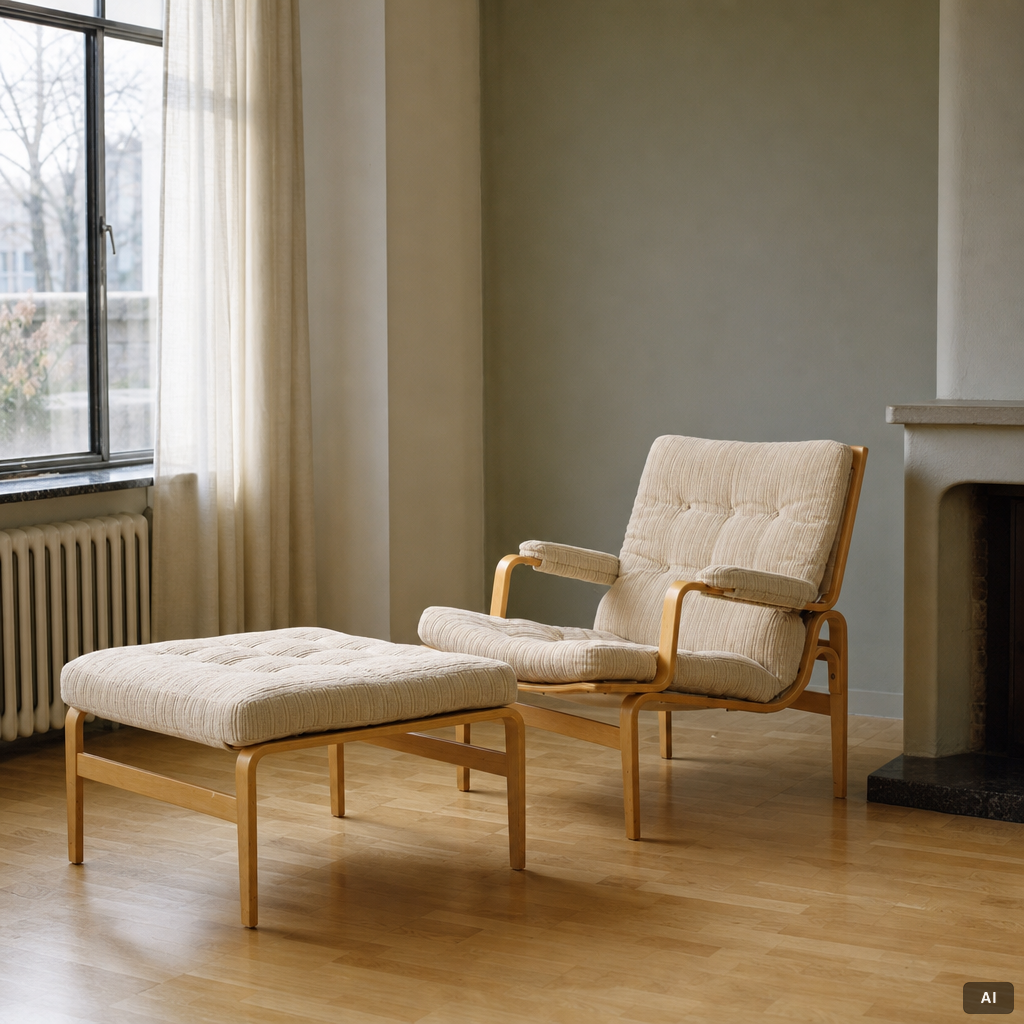 Bruno Mathsson, Armchair with footstool, “Ingrid”, Dux.