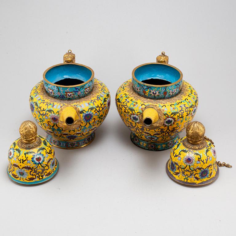 A pair of large cloisonne tea pots with covers, China, second half of the 20th Century.