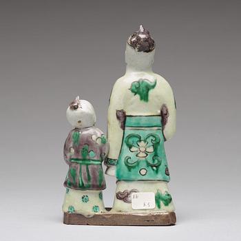 A famille verte bisquit figure of Laozi and a servant, Qing dynasty, 18th Century.