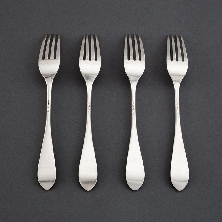 Gustaf Möllenborg, matgafflar, 4 st, silver, med graverat vapen von Eckermann. Stockholm 1912.