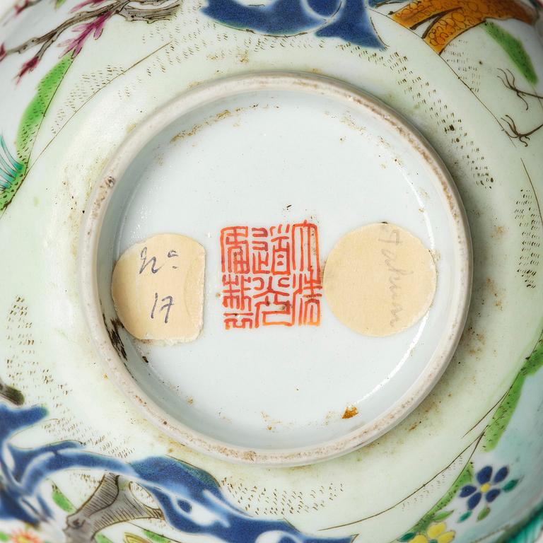 A group of two famille rose bowls and a dish, late Qing dynasty.
