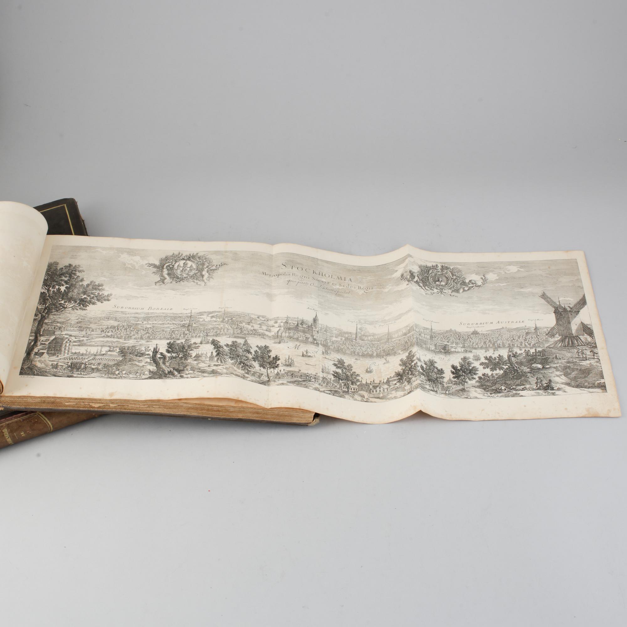 Two volumes of E Dahlbergs Suecia Antiqua & Holdierna, P Ad Huldbergs, Bokhandel, Bazaren & Norrbro.