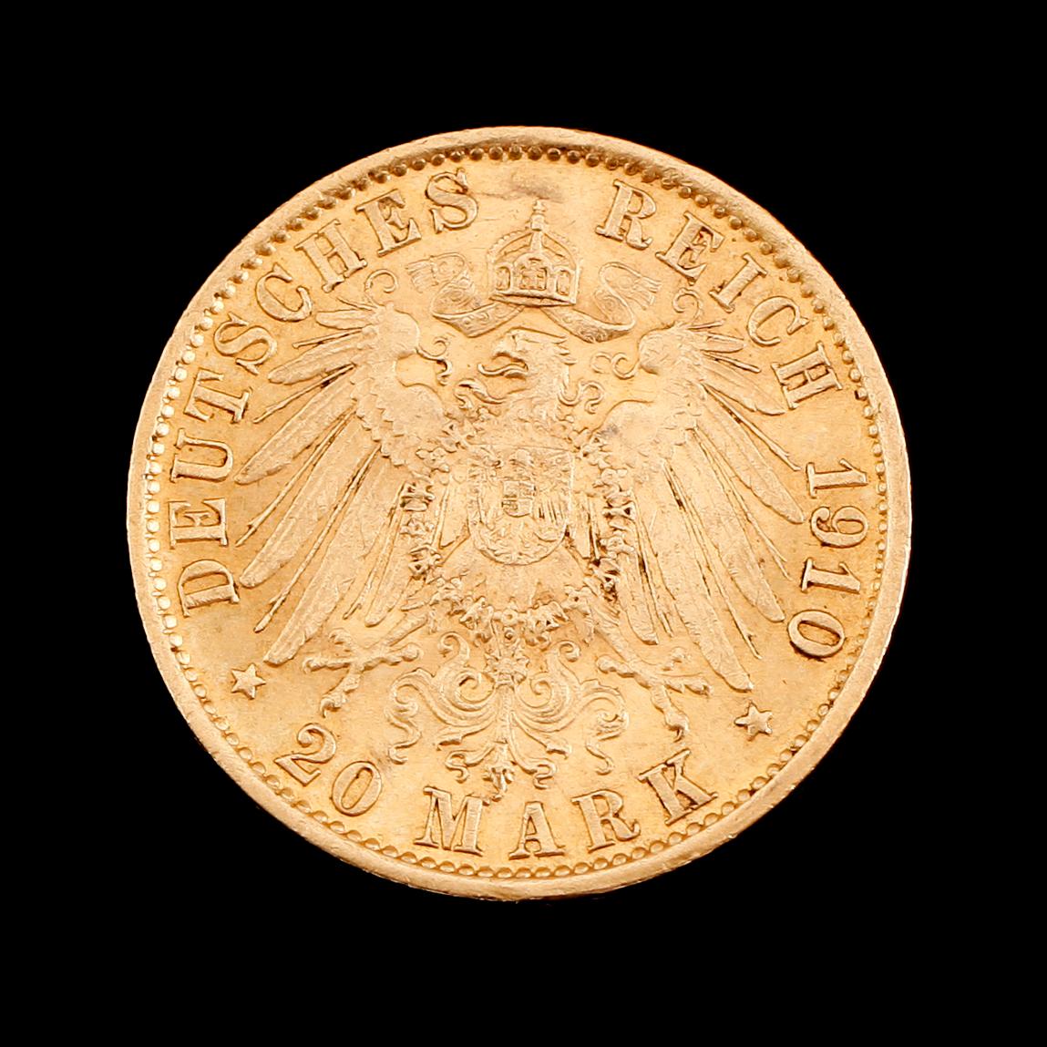 GULDMYNT, 20 mark, Wilhelm II, 1910. Vikt ca 8 gram.