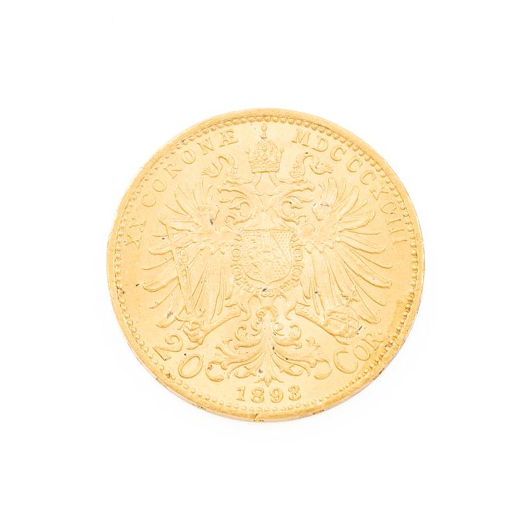 Gold coin, Austria-Hungary, 20 Corona, 1893.