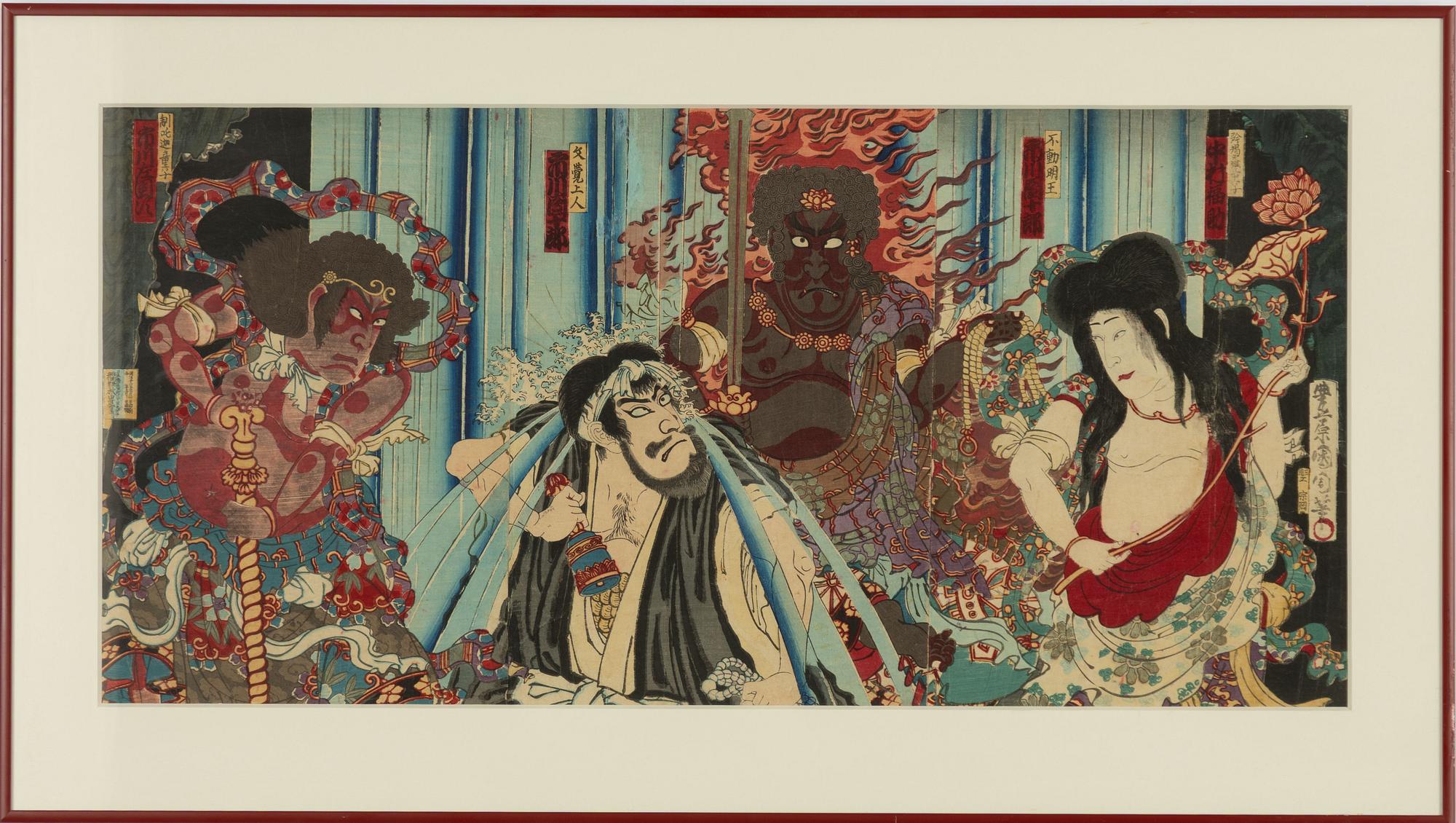 Toyohara Kunichika, triptyk, "Prince Mongaku with Fudo Myo-o, Kongara, and Seitaka Beneath the Nachi Waterfall".