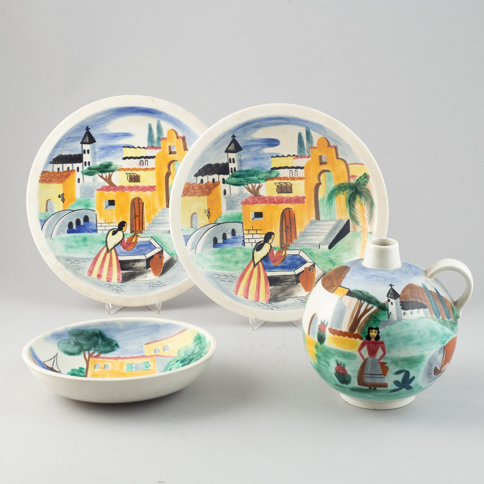 Gunnar Nylund & Heidi Heimann, a set of one ceramic vase, two dishes and a bowl for Rörstrand.