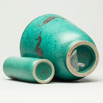 VASER, två st, stengods, "Argenta", Wilhelm Kåge, Gustavsberg. 1900-talets mitt.