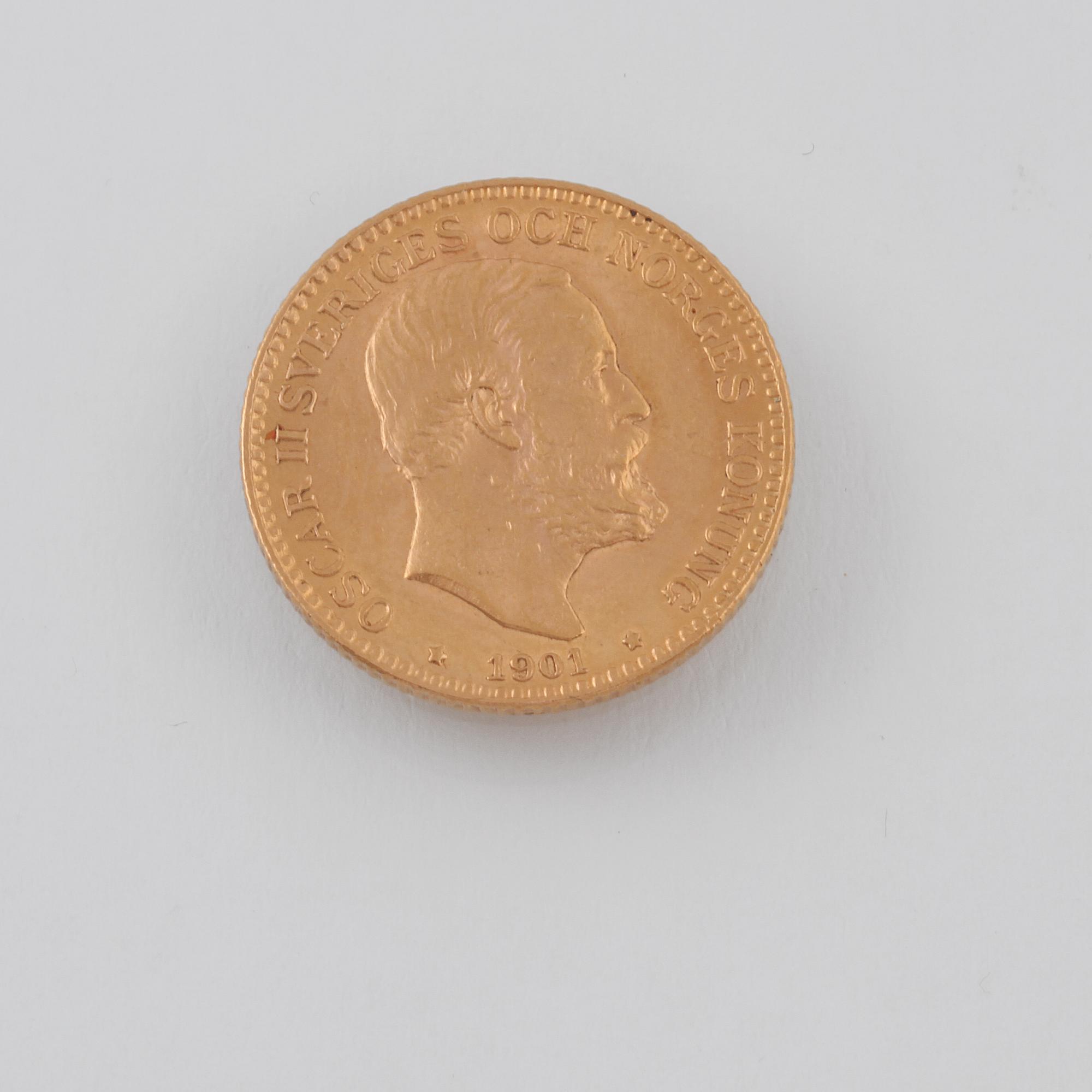 GULDMYNT, 10 kr, Oscar II, 1901. Vikt 4,5 g.