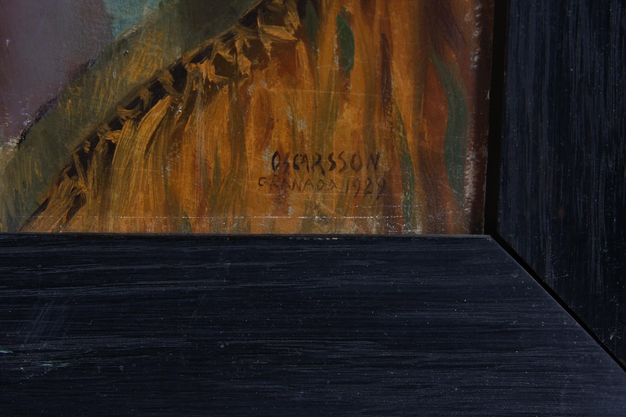 BERNHARD OSCARSSON, olja på pannå. Sign o dat Granada 1929.