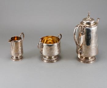 KAFFESERVIS, 3 delar, silver, Nils August Malmqvist, Malmö, 1884, total vikt ca 1310 g.