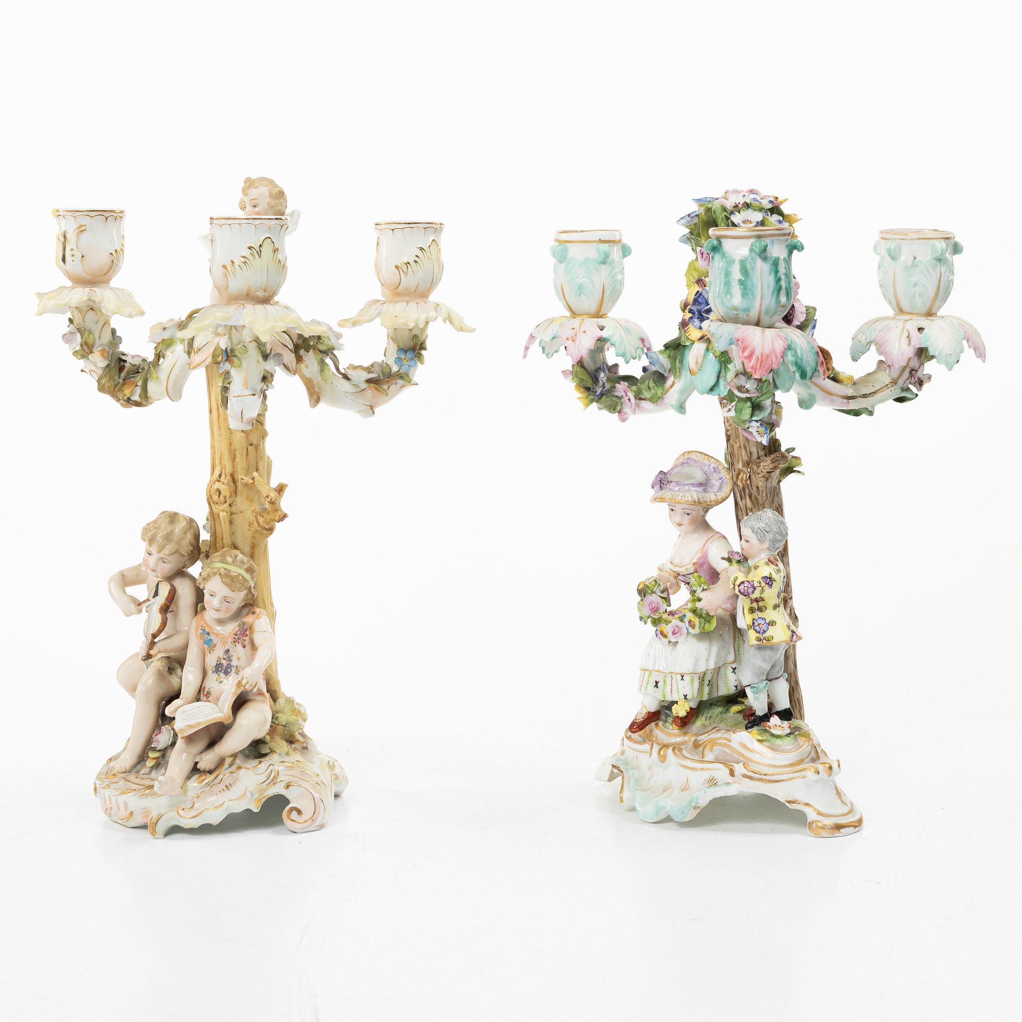 A pair of candelabra,  Meissen and Volkstedt, 19th–20th century.