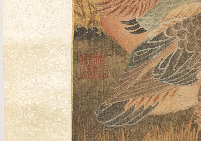 A Chinese scroll painting by unidentified master, four ducks resting by a blooming pond, 20th century.