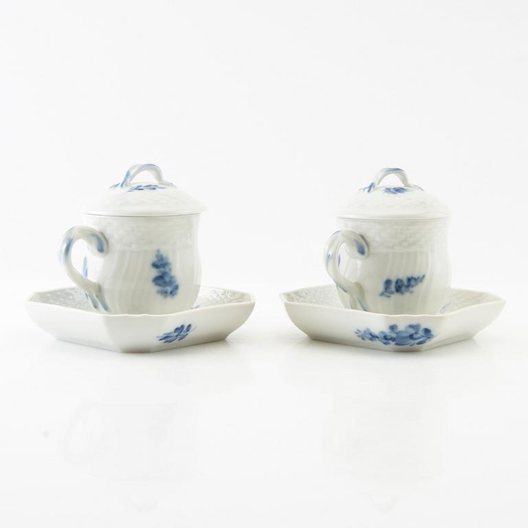 Cream cups with saucer and lid, 1 pair "Blue Flower" Royal Copenhagen Denmark porcelain.