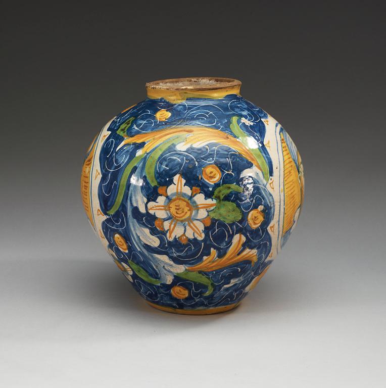 An Italian majolica albarello, presumably Urbino, 17/18th Century.