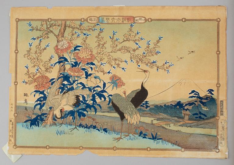 Five coloured woodblock prints, including after Hiroshige, Japan, 19th/20th century.