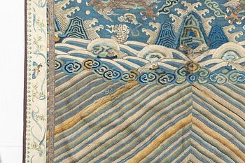 A Chinese five clawed dragon embroidered silk altar cloth, Qing dynasty, 19th century.