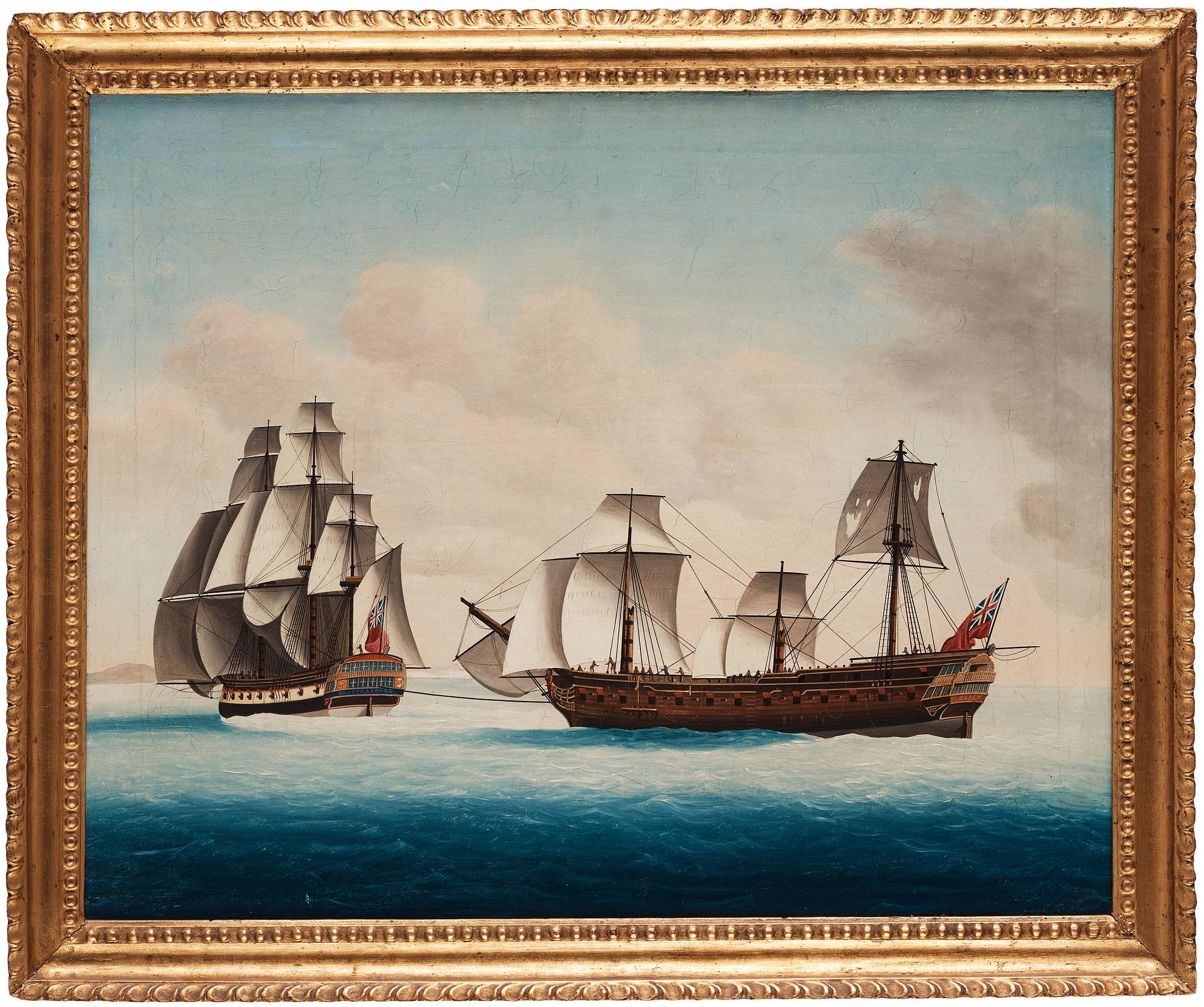 Two Chinese Export paintings of East Indiamen, Qing dynasty, circa 1800.